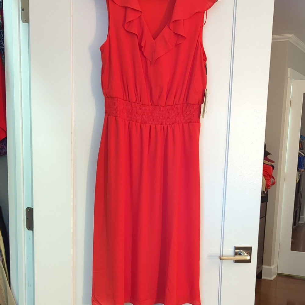 Halogen Red Ruffled Cowl Neck Midi Dress